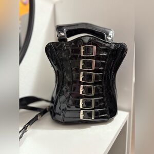 ROEBUCK Black Patent Corset Mini Bag Buckle Gothic Y2K Inspired